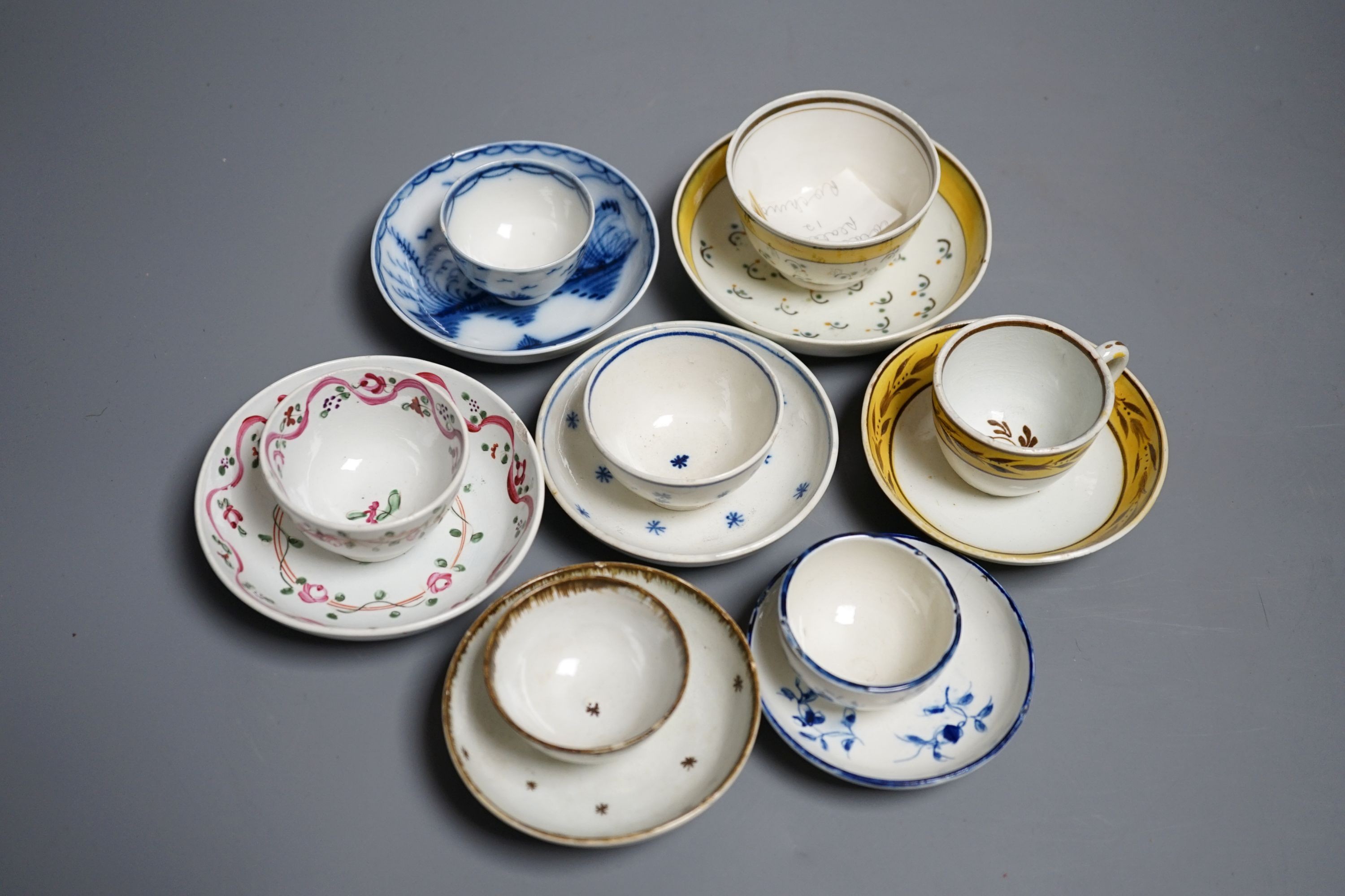 Six pearlware miniature tea bowls and saucers, c.1790-1800 and a similar cup and saucer, c.1810. Provenance - Mona Sattin collection of miniature cups and saucers, collection no.s 273, 276, 281-285.